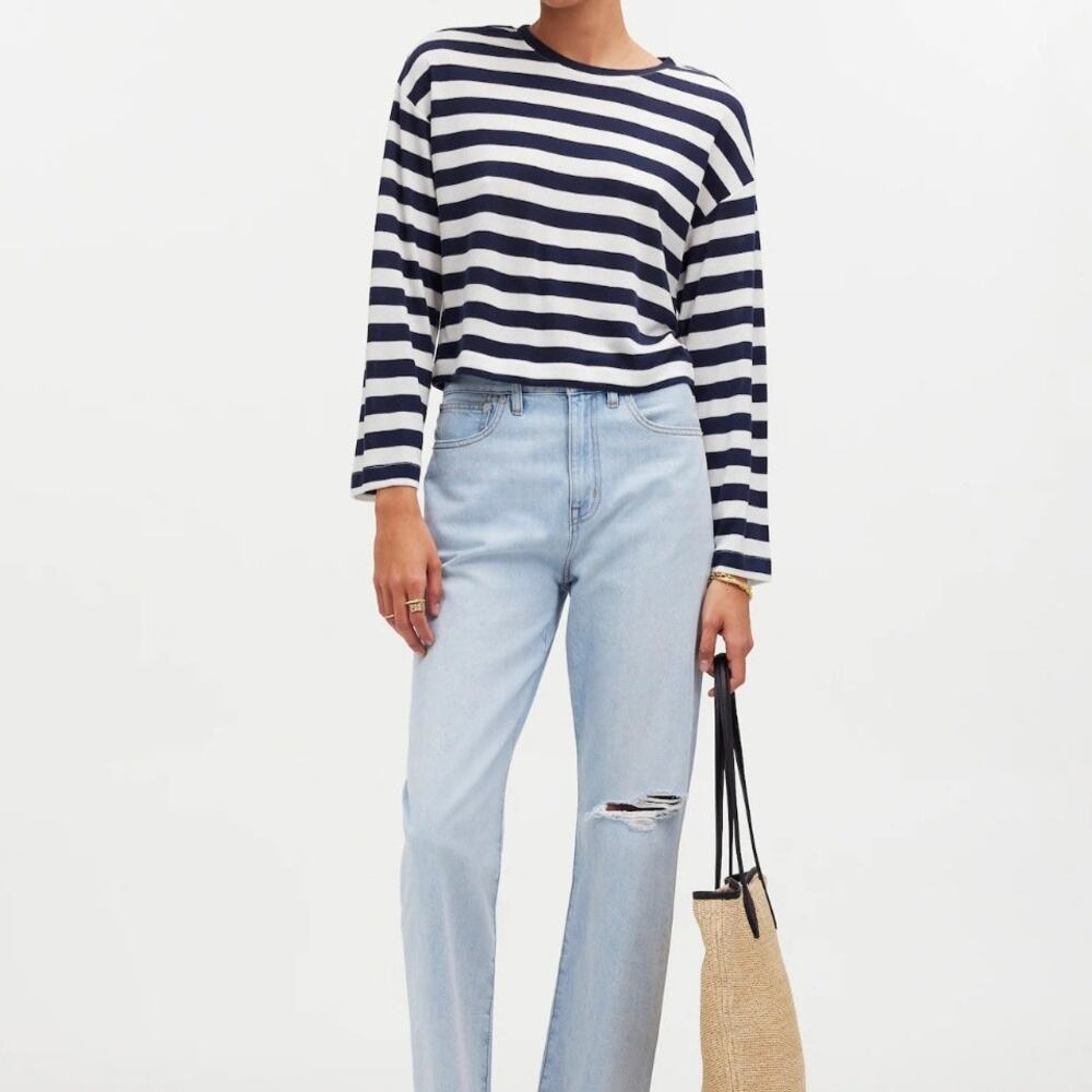 Madewell Drop Shoulder Pullover Crop Tee Navy Blue White Stripe Crew Neck Small